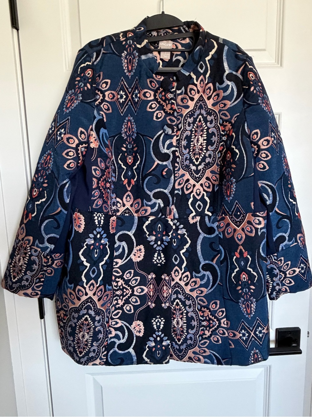 Stunning Chico's Tapestry Patterned Cotton-Blend Coat pockets Chico 2
